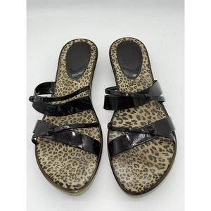 Mila Paoli Patent Synthetic Dark Brown Black Animal Print Sandals Women’s 9.5